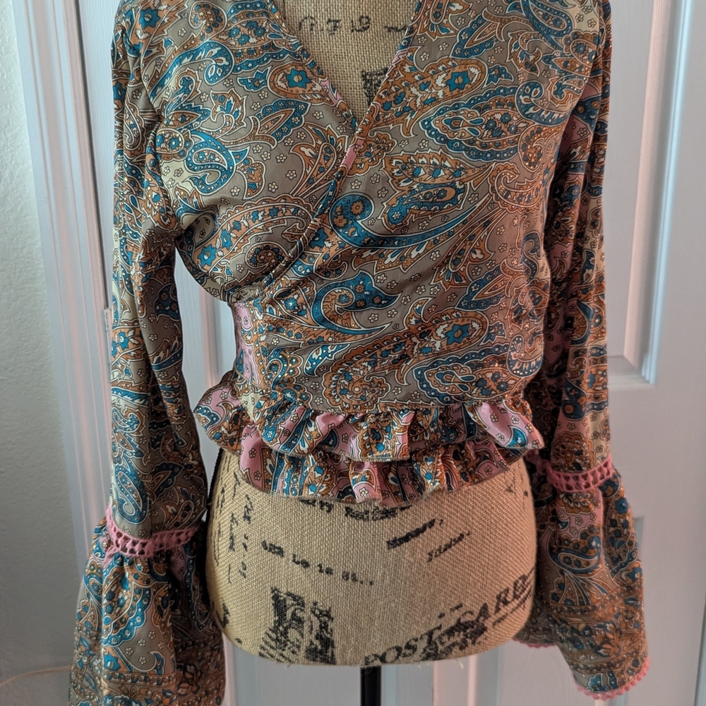 Blue and Brown Ruffled Wrap Crop Top with Bell Sleeves